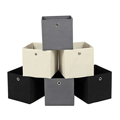 Afbeelding van SONGMICS Opbergdoos, set van 6, opvouwbare stoffen doos, vouwdoos vliesstof, kubussen, opbergmand, organizer voor speelgoed, kleding, 2 grijs, zwart, beige RFB06GHM