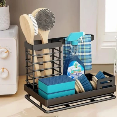 Afbeelding van COITROZR Spoelbakorganizer, gootsteenorganizer, zwart, roestvrij staal met spoeldoekhouder, afvoerpan, sponshouder, spoelorganizer, smal