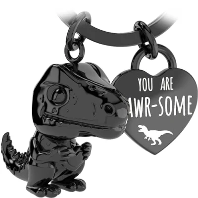 Afbeelding van LANOLU sleutelhanger dinosaurus mini Rex, geluksbrenger partner en voor beste vriendin, paar cadeau vriend van metaal, zwart,