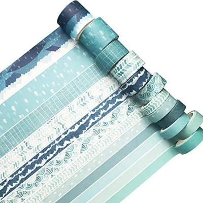 Afbeelding van YUBX 12 rollen Washi Tape Set Moderne Kunst Decoratieve Tapes Grijs Roze Blauw Masking Sets voor Craft, Kids, Scrapbook, Bullet Journal, DIY, Gift Wrapping (Blue Tracks)