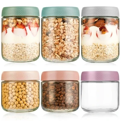 Afbeelding van 6 pack nachtelijke haverpotten, weckpotten met schroefdeksel voor haver, salade, yoghurt, pudding, chutney, jam, kleine potten deksel als mason jar maaltijdbereidingsdozen