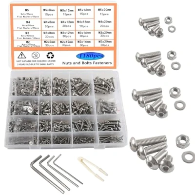 Afbeelding van HVDHYY Schroeven en moeren, set van 1180 stuks, M2, M3, M4, M5, ronde kop, zeskantschroeven, DIN 933, A2 70, roestvrij staal, schroefdraadschroeven, sluitringen, moeren bouts met herbruikbare