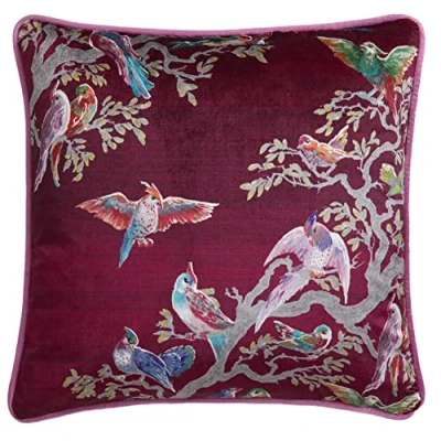 Afbeelding van Laurence Llewelyn Bowen Luxe Velvet Roze Blauw Kussen 43 x 43cm met Vulling Piped Edge Vogelprint Birdity Absurdity Collection