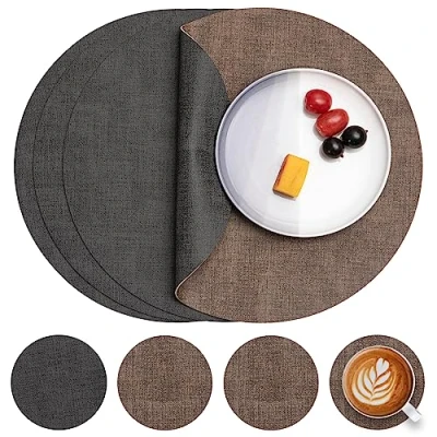 Afbeelding van Myir JUN Lederen Placemat Rond en Onderzetters, Tafelmatten Waterdichte Afveegbare Dubbelzijdige Plaats Matten Koffiematten Antislip Wasbare Placemats Coaster (Grijs Bruin, Sets 4)