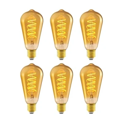 Afbeelding van Amazon Basics Ledlampen, 6 stuks, E27, antieke stijl, retro, amberkleurig glas, vintage, ST64, 4 W (vervangt 25 W), 1800 K, ultrawarm licht