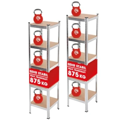 Afbeelding van EASYmaxx Set van 2 rekken voor zware lasten, 40 x 180 cm, draagvermogen 875 kg, 175 kg per niveau, rek en werkbank, kelderrek, opbergrek met 5 verstelbare planken, kelder, garage,