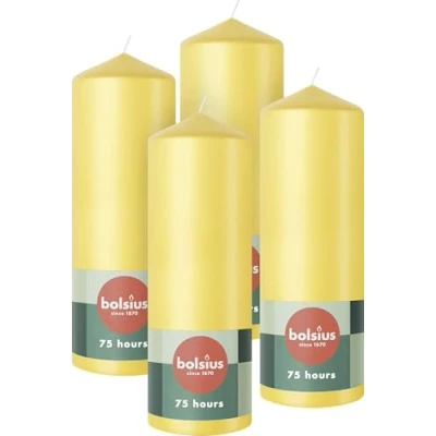 Afbeelding van Bolsius Gladde stompkaarsen, geel, 4 stuks, 20 x 7 cm, decoratieve huishoudkaarsen, lengte brandduur 75 uur, ongeparfumeerd, bevat natuurlijke plantenwas, zonder palmolie