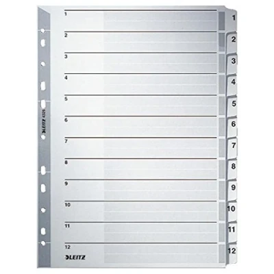 Afbeelding van Leitz Register voor A4, omslagblad en 12 tabbladen, tabbladen met cijferopdruk 1 12, gatrand kleurrijke folie versterkt (Mylar), grijs, karton, 43250000