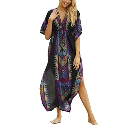 Afbeelding van YouKD zomerprint bloemen losse caftan Boho strand bikini cover up jurk plus size badjas voor vrouwen