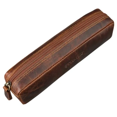 Afbeelding van STILORD &#039;Preston&#039; Etui van leer, vintage pennenetui, ronde organizer, cadeau voor dames en heren, stationair, slank, echt Bus Sesto naar Cognac, M