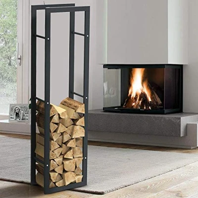 Afbeelding van Bakaji Verticaal houten rek, rechthoekig, van metaal, deur voor binnen en buiten, hout, tuin, open haard, oven, modern design (150 x 25 40 cm)