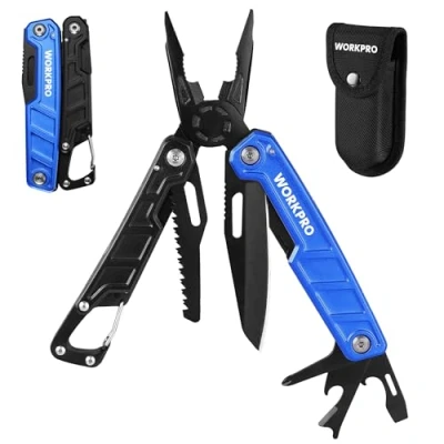 Afbeelding van WORKPRO Multitool 11 in 1, Multifunctionele Tang Opvouwbaar Roestvrijstalen Multifunctioneel Gereedschap met Karabijnhaak Punttang Kabelschaarzaag Flesopener Schroevendraaier voor Buiten Draagtas