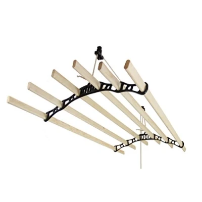 Afbeelding van Droogrek Plafond Ophangbaar Zwart 200cm (L) x 56cm (W) 14cm (H) Katrol Ruimtebesparend Eenvoudig te Bevestigen 6 Duurzame Houten Latten
