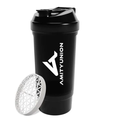 Afbeelding van Protein shaker Midnight Black 700 ml FYRA lekvrij BPA vrij met poedervak ​​en zeef en schaal voor romige BCAA shakes, proteïne shake cups, isolaten wei eiwit