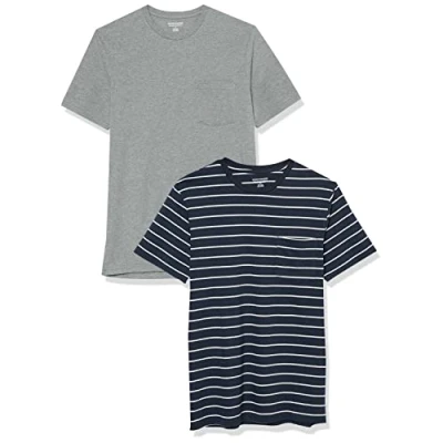 Afbeelding van Amazon Essentials Heren Slim Fit T shirt met korte mouwen en ronde hals, 2 stuks, grijs Heather/Navy strepen, S