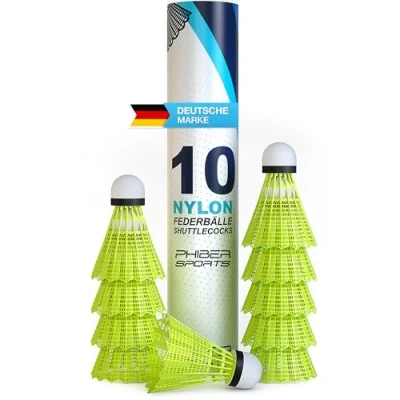 Afbeelding van PHIBER SPORTS Shuttles, badmintonballen, perfecte speeleigenschappen, ideaal voor beginners, gezinnen en professionals, speedballen, buiten binnen, geel, 10 stuks