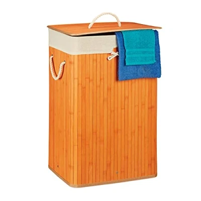 Afbeelding van Relaxdays wasmand bamboe wasbox opvouwbaar wasgoedmand met deksel badkamer waszak Oranje