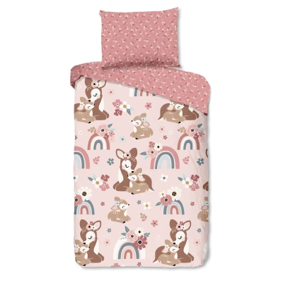 Afbeelding van Cheqo® Dekbedovertrek voor Kinderen 140x200 cm Bambi Hert en Regenboog Print Roze 1 Persoons 100% Katoen