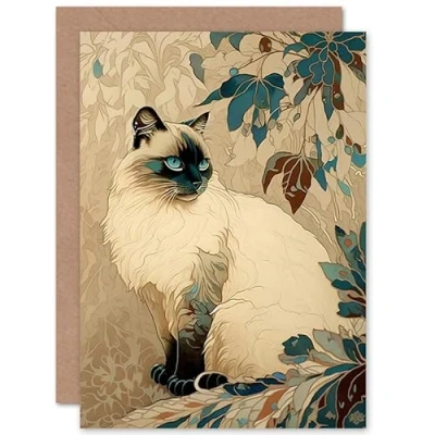 Afbeelding van Artery8 Blue Point Ragdoll Cat and Plant Pattern Art Nouveau Modern Illustration Birthday Sealed Greeting Card Plus Envelope Blank inside