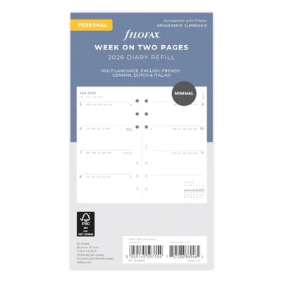 Afbeelding van Filofax Persoonlijke Minimale week op twee pagina&#039;s 5 taal 2026 dagboek 26 68490