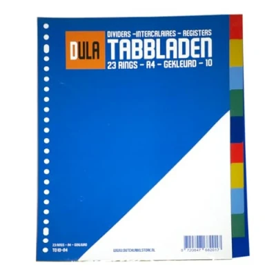 Afbeelding van DULA Tabbladen gekleurd plastic 10 tabs A4 23 gaten 5 kleuren PP