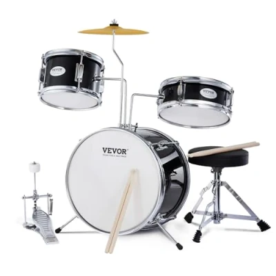 Afbeelding van VEVOR Kinderdrumset, 3 delig, 14&quot; Beginner Drumset met Verstelbare Troon Cimbal Pedaal Twee Paar Drumsticks, 8&quot; Tom Drum 10&quot; Snare Bass Drum, Starter Kit voor Kind Kinderen, Zwart