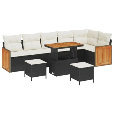 Afbeelding van vidaXL 9 delige tuinsofa set met kussens zwart poly rattan acaciahout