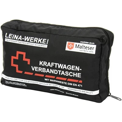Afbeelding van Leina Werke 11030 EHBO tas voor in de auto, compact, met veiligheidsvest en klittenband, zwart/wit/rood