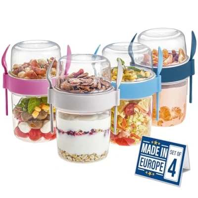 Afbeelding van CRYSTALIA Take and go Yoghurt Pot Set 4 BPA vrije yoghurtpotten met lepel en vork, overnight haver, vaatwasmachinebestendig, ontbijt to muesli fruitsaladebekers deksels ontbijtpot