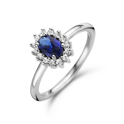 Afbeelding van Gerhodineerd Zilver Ring Synth. Saffier En Met Zirkonia Halo 1336563