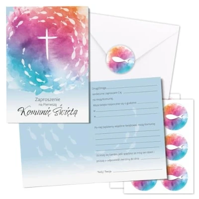 Afbeelding van dv_1305, set van 15 uitnodigingskaarten, eerste communie in het Pools, kleurrijk, DIN A6 vouwkaarten met enveloppen en stickers