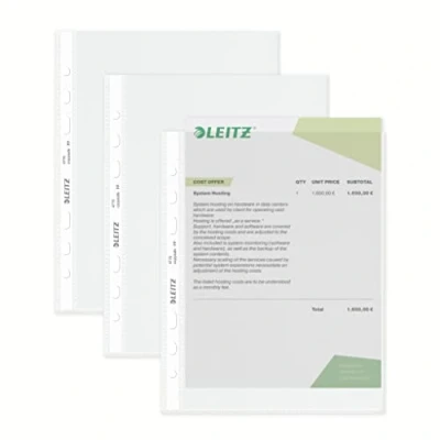 Afbeelding van Leitz Standaard brochurehoesjes, 15 stuks, A5 formaat, glashelder met glanzend oppervlak, bovenste opening, 0,075 mm PP folie, 47756002