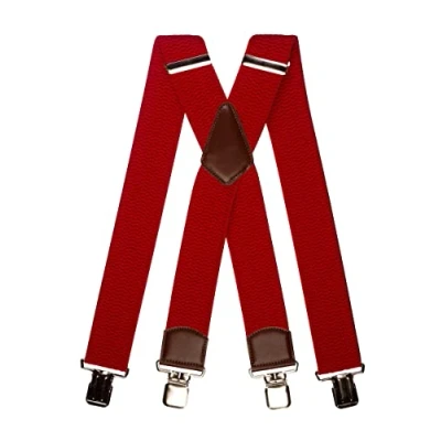 Afbeelding van Olata Extra Brede X Vorm Bretels met Bruin Leer en Zilveren Clips 5 cm. Rood
