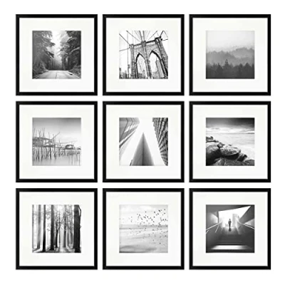 Afbeelding van Set van 9 fotolijsten 30x30 cm met passe partout 20x20 modern zwart gemaakt MDF acrylglas/Portretlijst/Wissellijst/Posterlijst