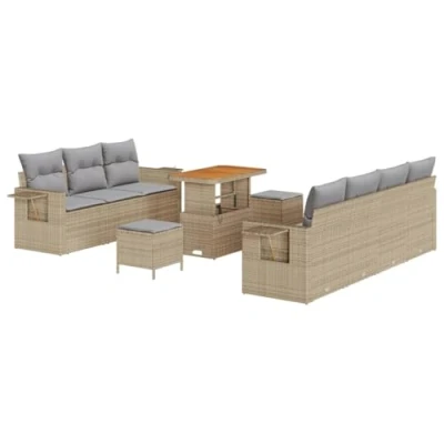 Afbeelding van vidaXL 10 delige tuinbankset met kussens Beige Poly Rattan en Acacia