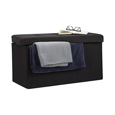 Afbeelding van Relaxdays opbergbank, opvouwbaar, linnen tot 300 kg, deksel, groot, 38 x 76 cm, 85 l opbergruimte, zwart