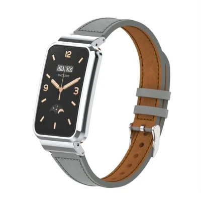 Afbeelding van Classic leren bandje met case Grijs Xiaomi Smart band 7 Pro
