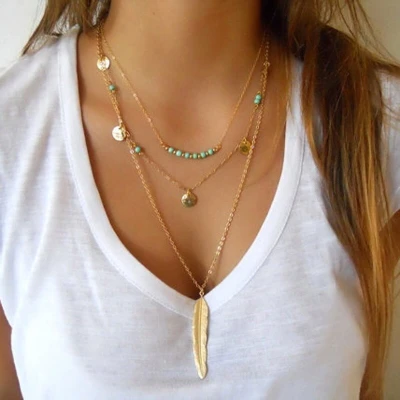 Afbeelding van Joboly Multilayer Veer Coin Muntjes ketting Dames Goudkleurig 40 45 cm