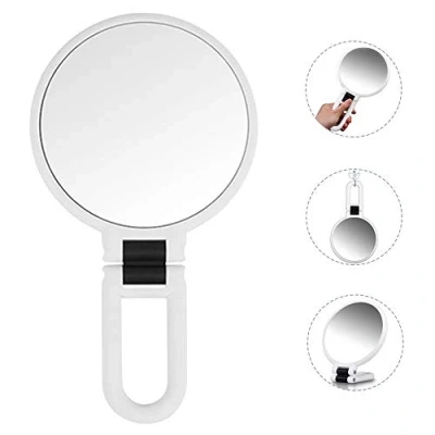 Afbeelding van Klapspiegel voor op reis, handspiegel met inklapbare handgreep, dubbelzijdig, normaal en vergroting, 5 voudige tafelspiegel, 360 graden draaibaar, stelspiegel, cosmeticaspiegel, ophangen, zakspiegel, klein, rond (wit)