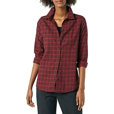 Afbeelding van Amazon Essentials Women&#039;s Lichtgewicht geruite flanellen overhemd met klassieke pasvorm en lange mouwen, Zwart Rood Geruit, S