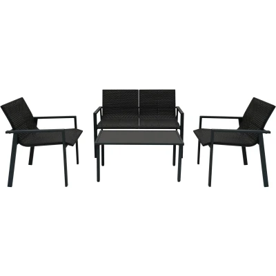 Afbeelding van Rotan Tuinmeubelset Zwart 4 Stuk Balkon Terras 2 Zitsbank 2x Stoelen Salontafel met Glazen Blad Machine Geweven Polyrattan Lounge Fauteuil Tuinbank Binnen Buiten Serre Waterdichte Regenhoes