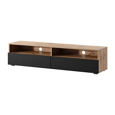 Afbeelding van Selsey REDNAW TV meubel met twee lades 140 cm wotan eiken ​​/ zwart glanzend