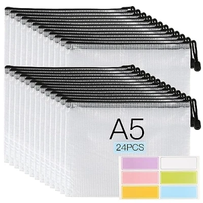 Afbeelding van documententas, A5, 24 stuks, ritssluiting, waterdichte documentenvakken, mesh tas, kunststof, transparant, voor kantoorbenodigdheden, documenten, papier, reizen, cosmetica