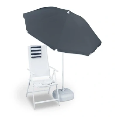 Afbeelding van Relaxdays parasol, Ø 180 cm, in de hoogte verstelbaar, kantelbaar, polyester, staal, voor balkon, tuin, strand, grijs