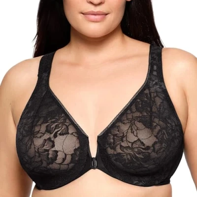 Afbeelding van Glamorise Vrouwen Plus Size Lacey T Back Wonderwire BH Onderdraad # 9246, Zwart, 105E