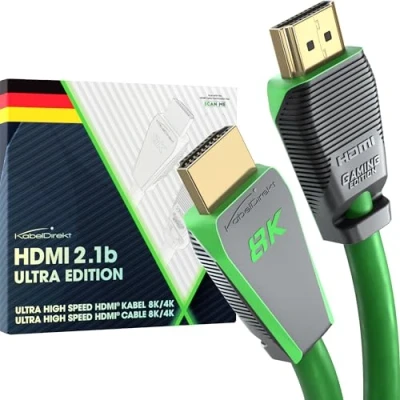 Afbeelding van KabelDirekt 8K HDMI 2.1 kabel, gecertificeerde Gamer editie 3 m (8K@60Hz, Ultra High Speed/48G voor 10K, of ultrasnel 144 Hz bij 4K, optimaal PS5/Xbox en Gaming PC, Monitor/TV, groen)