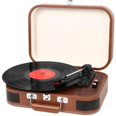 Afbeelding van Bluetooth platenspeler met luidsprekers, 33/45/78 rpm, riemaandrijving, vinyl, USB, platenspeler, retro record speler, vinyl naar MP3 (bruin)