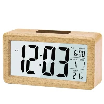 Afbeelding van LEAZZLE digitale wekker, houten wekker met sensormodules, tafelklok groot display, datum, temperatuurweergave, nachtlampje, klok sluimermodules, voor slaapkamer, bed, thuis, kantoor
