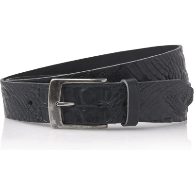 Afbeelding van Timbelt 4cm donkerblauwe jeansriem met kroko print 100 % leder riem taillemaat 105 totale lengte 120 cm