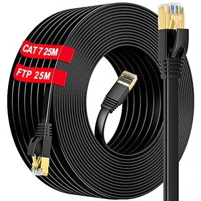 Afbeelding van Cat 7 Ethernet kabel 25m Buiten Binnen, RJ45 Platte Netwerkkabel Lange Afscherming S/FTP High Speed 10 Gbit/s 600MHz Internet Waterdicht(25 clips) LAN voor Xbox/Switch/Router…